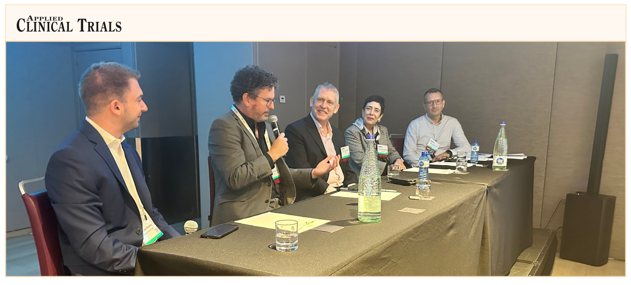 Panelists discuss alignment on terminology in the space of eCOAs, ePROs, and DHTs at SCOPE Europe 2023 in Barcelona, Spain. From left to right: Andy Studna, MJH Life Sciences; Scottie Kern, eCOA Consortium, Critical Path Institute; Brian McDowell, Clario; Estrella Garcia Alvarez, PhD, Almirall SA; and Bart Roofthooft, Janssen R&D.