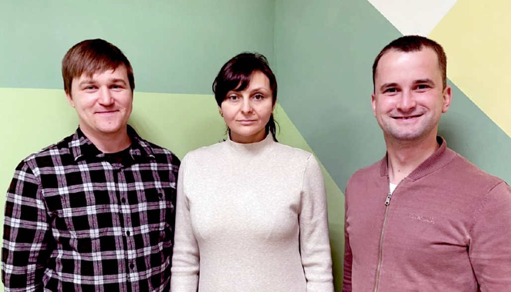 Roman Fishchuk, Olesya Gerych, and Kuziuk Mykhailo, colleagues working on clinical trials in Ukraine. Photo taken at the Central Municipal Hospital #1 in Ivano-Frankivsk, March 2022. Photo courtesy ofIvanna Kirieieva.